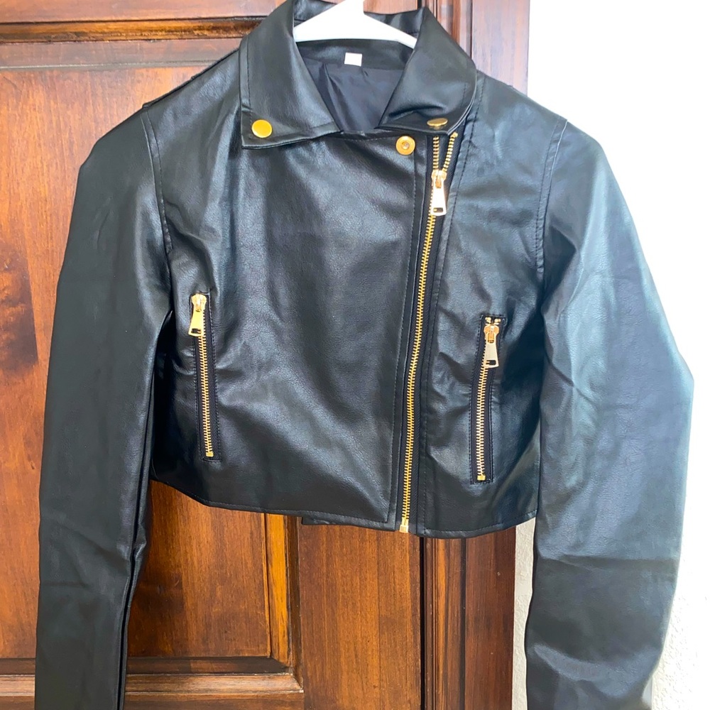 Black with gold zippers cropped leather jacket